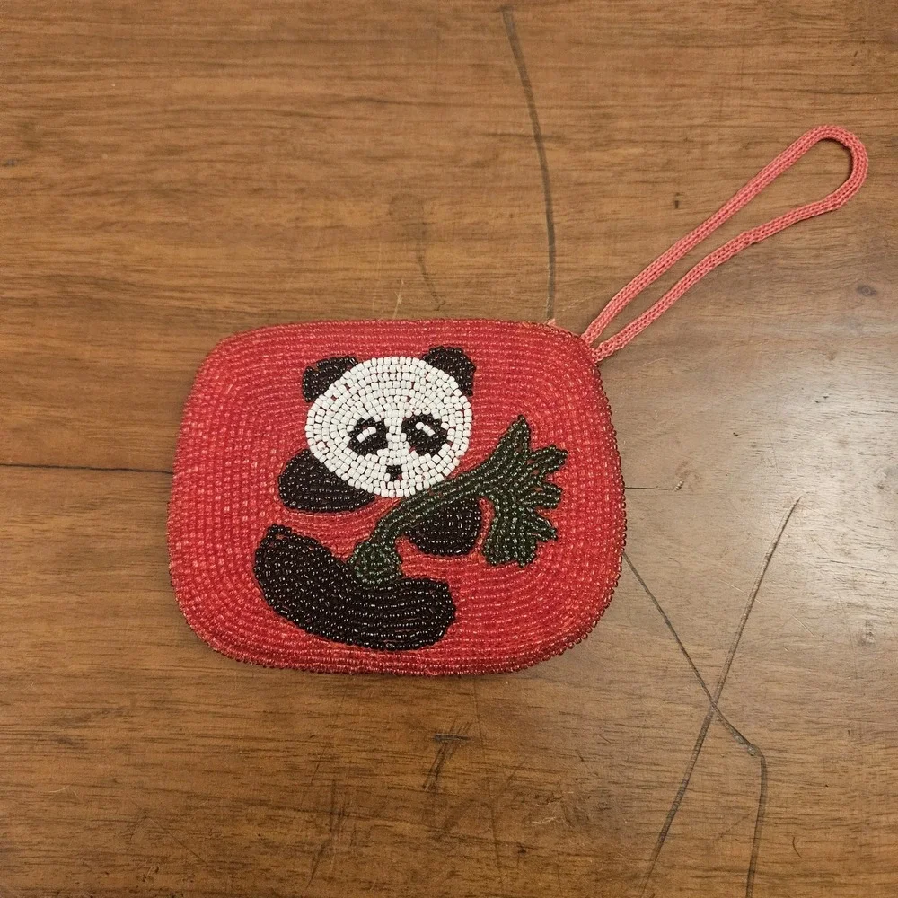 Panda Bear Holding Bamboo Leaf Beaded Wristlet‎ Change Coin Purse Red